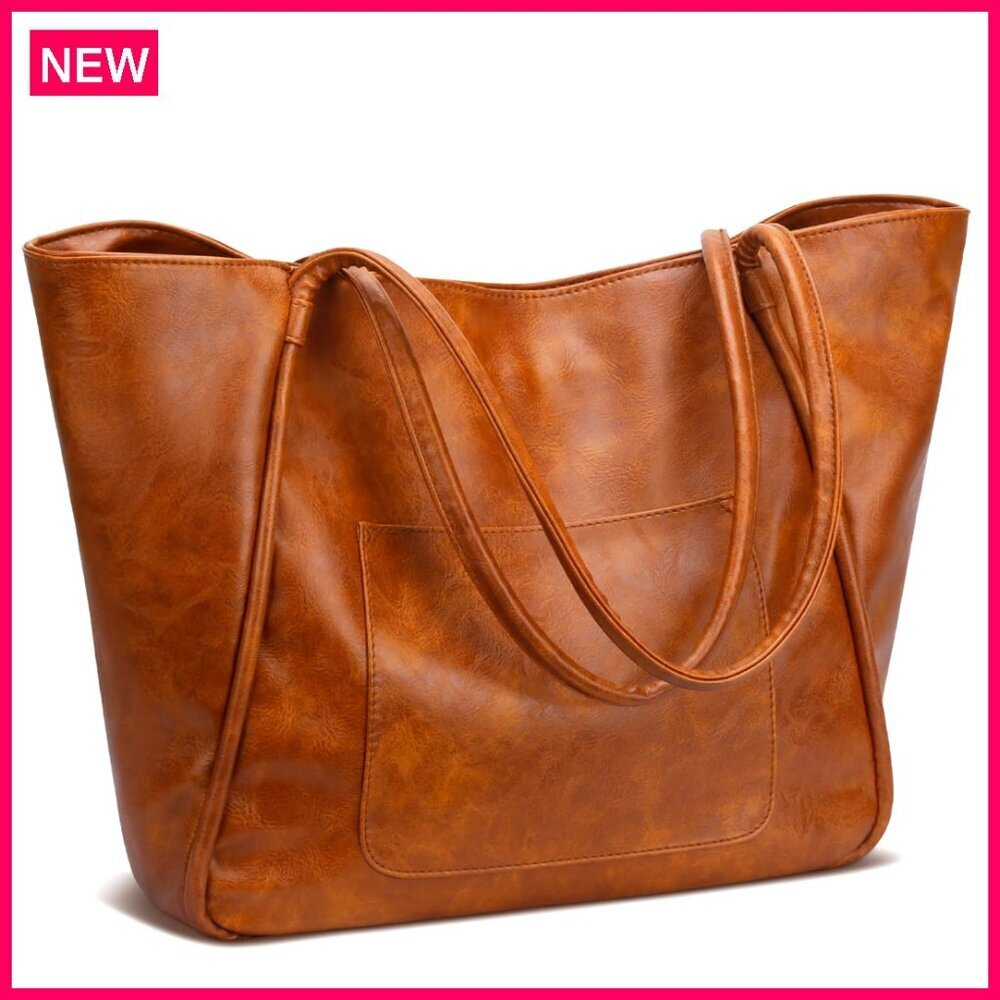 Large Distressed Leather Tote Bag with Anti-Theft Zipper and Pockets